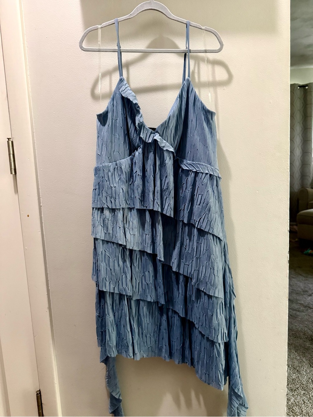 Light Blue Ruffled Tiered Spaghetti Strap Dress